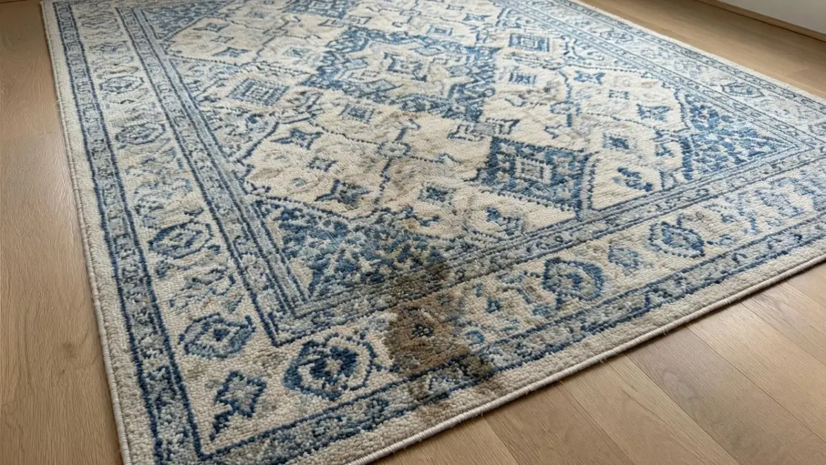 Tapis sale avec taches et fibres aplaties avant shampouinage professionnel